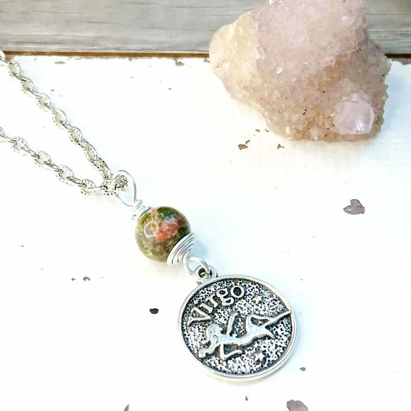 Unakite Jasper Crystal Necklace, Gemstone Jewelry, Virgo Zodiac, 14" - Picture 1 of 4